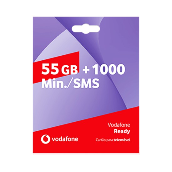 Cartão SIM Vodafone Ready de 55GB+1000 minutos de chamadas/SMS por Um Mês Cartão SIM Vodafone Ready de 55GB+1000 minutos de chamadas/SMS por Um Mês