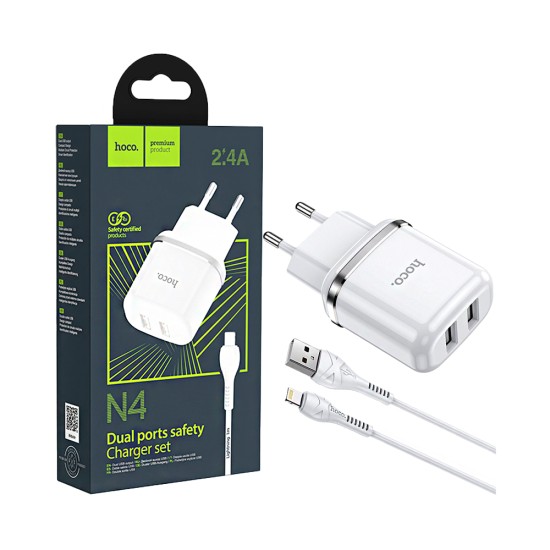 Hoco Charger N4 Aspiring 2 Ports USB-A 2.4A with Lightning Cable 1M White