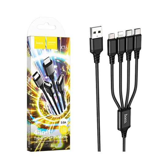 Cabo de Carregamento 4 em 1 Hoco X76 Super USB-A para (Tipo-C+Lightning+Tipo-C+Micro) 2,0A 1m Preto