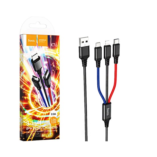 Hoco 3 in 1 Charging Cable X76 USB-A to (Lightning+Type-C+Micro) 2A 1m Black/Red/Blue