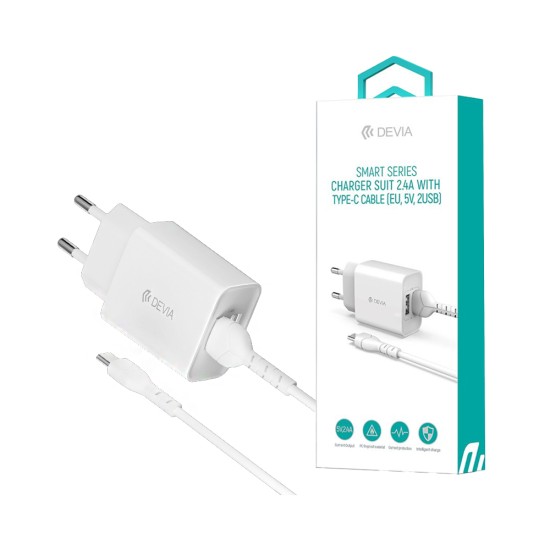 Carregador Devia RLC-526 Smart Series 2 Portas USB-A 2,4A com Cabo Tipo-C 1m Branco