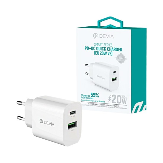 Devia Adapter RLC-389 2 Ports USB+Type-C QC+PD 20W White