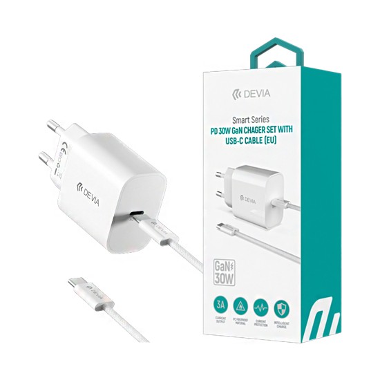 Carregador Devia RCE-30005CL Smart Series Tipo-C PD 30W GAN com Cabo  Tipo-C para Tipo-C 1m Branco