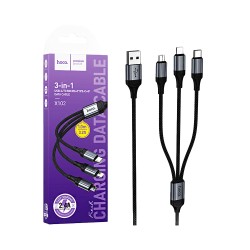 Cabo de Carregamento 4 em 1 Hoco X102 Fresh USB-A para (Lightning+Tipo-C+Micro) 2,4A 1m Preto