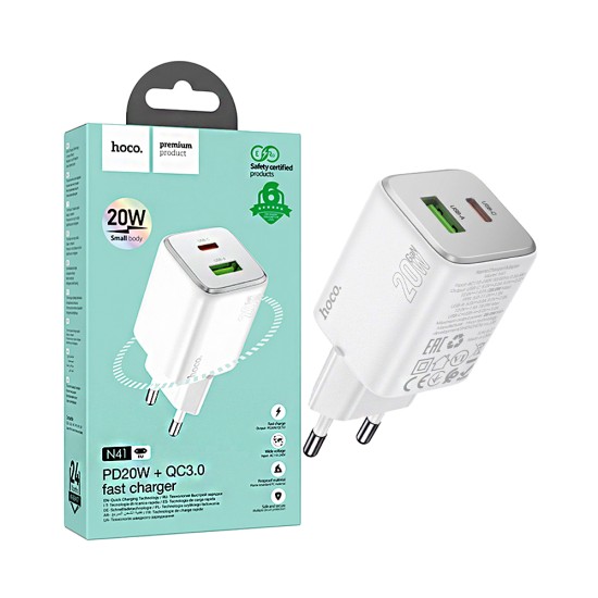 Hoco Adapter N41 Almighty 2 Ports USB+Type-C QC+PD 20W GAN White