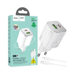 Carregador Hoco N41 Almighty 2 Portas USB+Type-C QC+PD 20W GAN com Cabo Tipo-C para Lightning 1m Branco