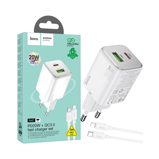 Hoco Charger N41 Almighty 2 Ports USB+Type-C QC+PD 20W GAN with Type-C to Lightning Cable 1m White