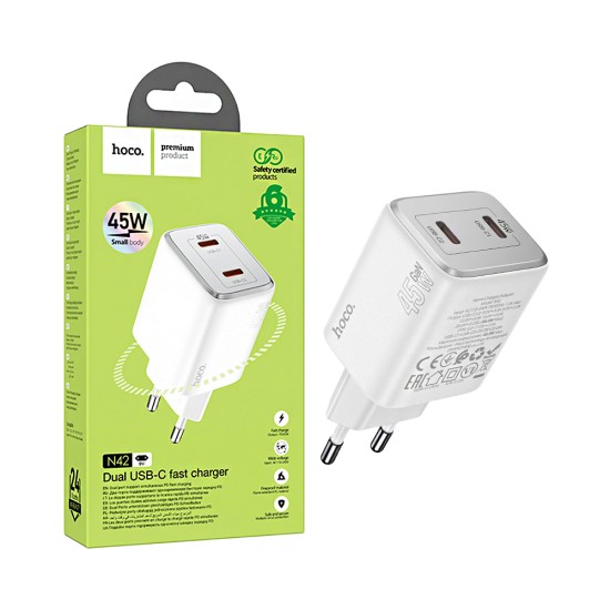 Hoco Adapter N42 Elogiado 2 Ports Type-C PD45W White