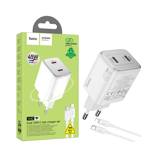 Hoco Charger N42 Elogiado 2 Ports Type-C PD45W with Type-C to Lightning Cable 1m White