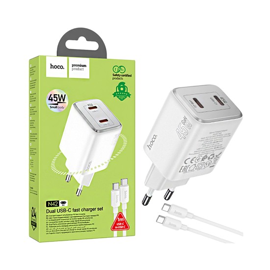 Hoco Charger N42 Elogiado 2 Ports Type-C PD45W with Type-C to Type-C Cable 1m White