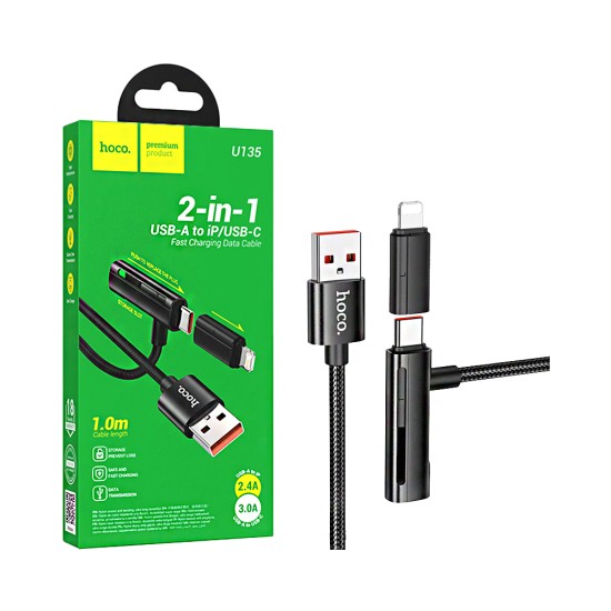 Cabo 2 em 1 Hoco U135 Incredible USB a Tipo-C/Lightning 3A 1m Negro