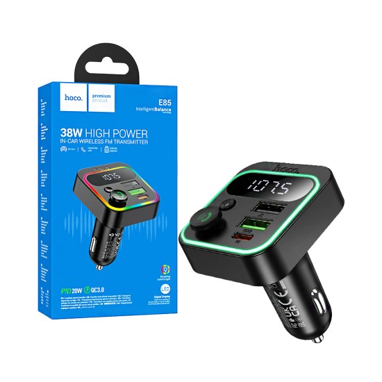 Hoco Wireless FM Transmitter E85 Tiger With PD20W+QC3.0 USB Black Hoco Wireless FM Transmitter E85 Tiger With PD20W+QC3.0 USB Black