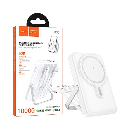 Hoco Magnetic Power Bank J135 Rico with USB+Type-C Port+Micro+Type-C+USB+Lightning Cable 10000mAh White