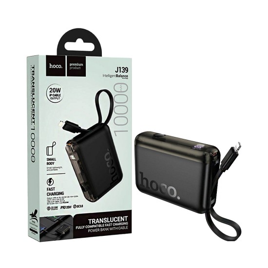 Power Bank Hoco J139 Hero com 2-em-1 Porta USB+Cabo Lightning 10000mAh Preto