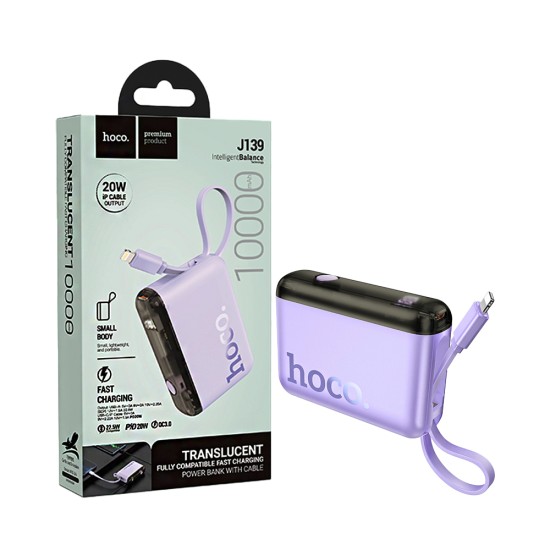 Power Bank Hoco J139 Hero com 2-em-1 Porta USB+Cabo Lightning 10000mAh Roxo