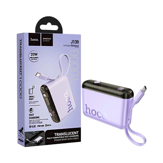 Power Bank Hoco J139 Hero com 2-em-1 Porta USB+Cabo Tipo-C 10000mAh Roxo