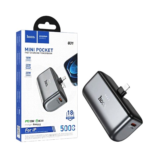 Mini Pocket Power Bank Hoco Q31 Ingenious com conector Lightning PD20W 5000mAh Preto