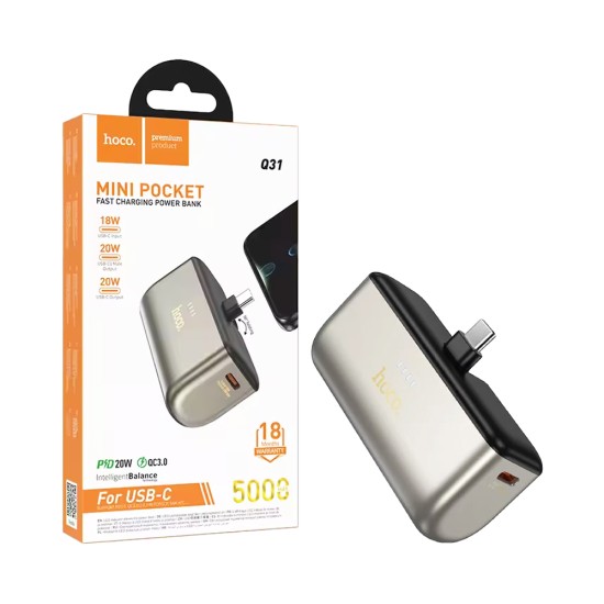 Mini Pocket Power Bank Hoco Q31 Ingenious com conector Tipo-C PD20W 5000mAh Dourado