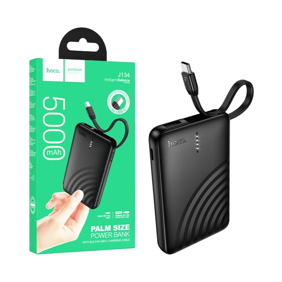 Hoco Power Bank J134 Strong with 2-in-1 USB Port+Type-C Cable 5000mAh Black