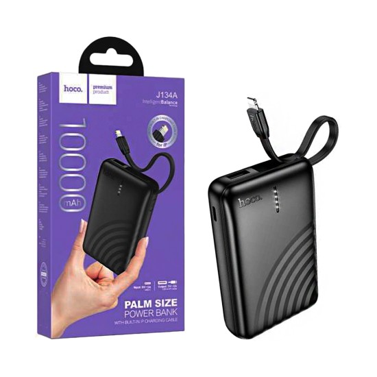 Power Bank Hoco J134A Strong com 2-em-1 Porta USB+Cabo Lightning 10000mAh Preto