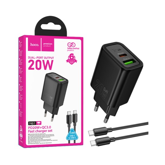 Carregador Hoco N61 Gentle 2 Portas USB+Tipo-C PD20W GAN com Cabo Tipo-C para Tipo C 1m Preto Carregador Hoco N61 Gentle 2 Portas USB+Tipo-C PD20W GAN com Cabo Tipo-C para Tipo C 1m Preto