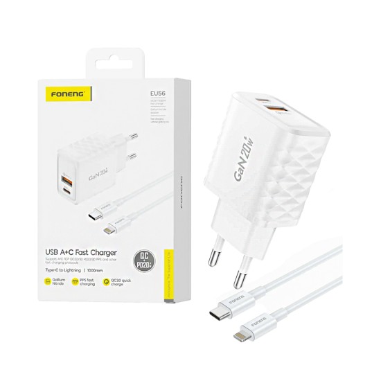 Foneng Charger EU56 2 Ports USB+Type-C QC3.0+PD20W GAN with Type-C to Lightning Cable 1m White