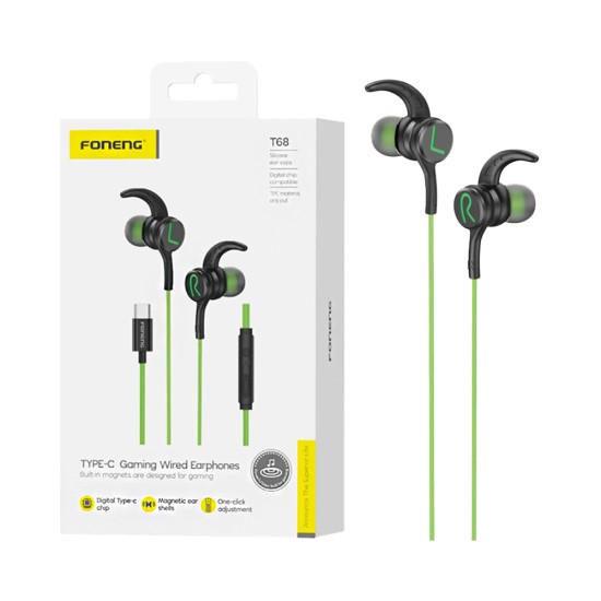 Auscultadores jogos Foneng T68 In-Ear Heavy Bass Tipo-C 1,2m Verde Auscultadores jogos Foneng T68 In-Ear Heavy Bass Tipo-C 1,2m Verde