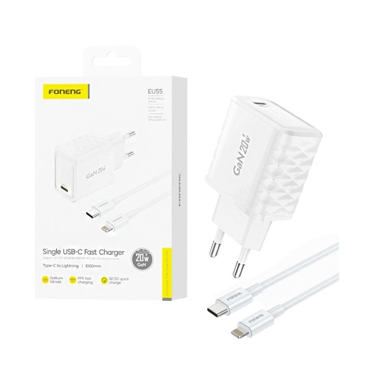 Foneng Charger EU55 Type-C PD 20W GAN with Type-C to Lightning Cable 1m White