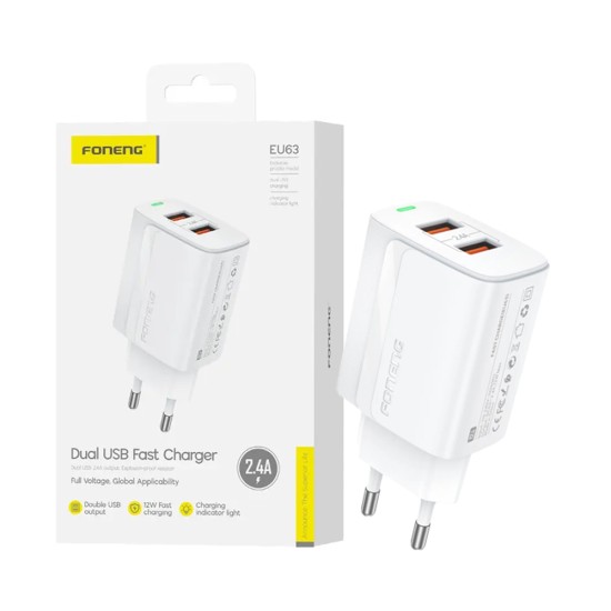 Foneng Adapter EU63 2 Ports USB 2.4A White Foneng Adapter EU63 2 Ports USB 2.4A White
