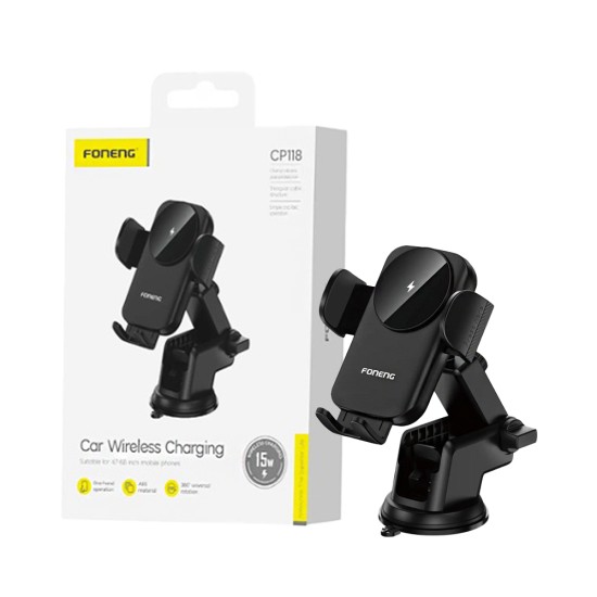 Suporte de Telefone para Carro Foneng CP118 com Carregamento sem fio para Painel 15W Preto Suporte de Telefone para Carro Foneng CP118 com Carregamento sem fio para Painel 15W Preto