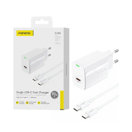 Foneng Charger EU65 Type-C PD 20W with Type-C to Type-C Cable 1m White Foneng Charger EU65 Type-C PD 20W with Type-C to Type-C Cable 1m White