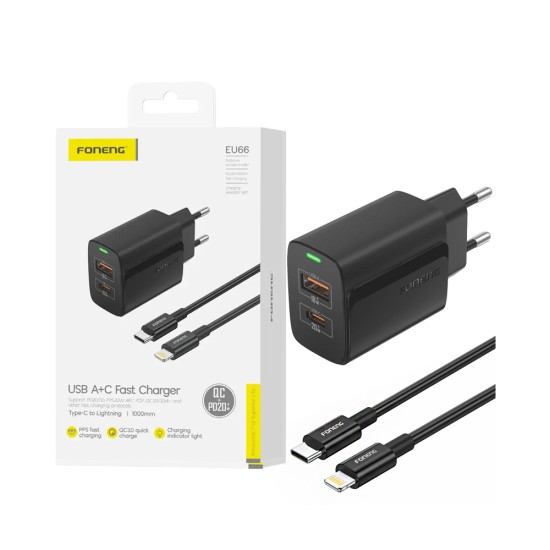 Carregador Foneng EU66 2 Portas USB-A+Tipo-C PD 20W com Cabo Tipo-C para Lightning 1m Preto