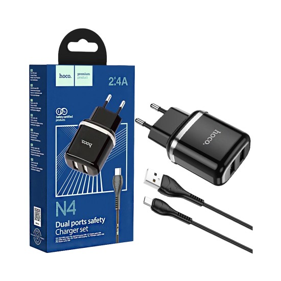 Cargador Hoco N4 Aspiring 2 Puertos USB-A 2.4A con Cable Micro 1M Negro