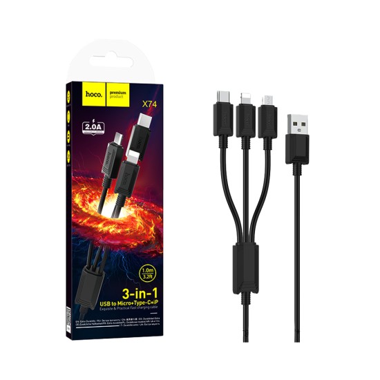 Cable de Carga 3 en 1 Hoco X74 USB-A a (Lightning+Micro+Tipo-C) 2A 1M Negro