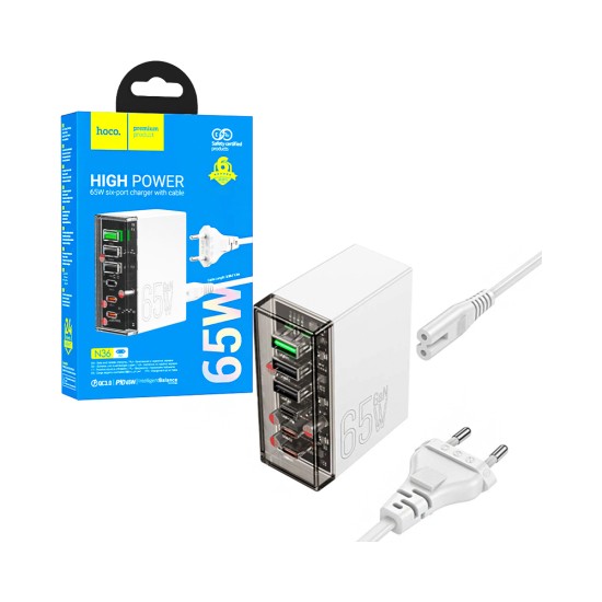 Carregador Hoco N36 Fuerza 6 Portas 3 USB+3 Tipo-C PD65W GAN Branco Carregador Hoco N36 Fuerza 6 Portas 3 USB+3 Tipo-C PD65W GAN Branco