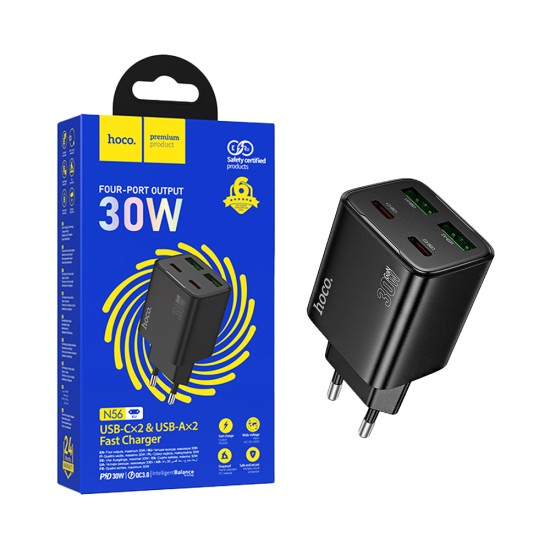Adaptador Hoco N56 Founder 4 Portas 2 USB+2 Tipo-C 30W GAN Preto Adaptador Hoco N56 Founder 4 Portas 2 USB+2 Tipo-C 30W GAN Preto
