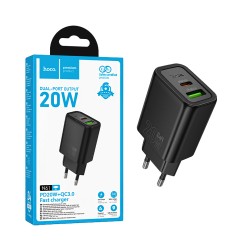 Hoco Adapter N61 Gentle 2 Ports USB+Type-C PD20W GAN Black Hoco Adapter N61 Gentle 2 Ports USB+Type-C PD20W GAN Black