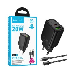 Hoco Charger N61 Gentle 2 Ports USB+Type-C PD20W GAN with Type-C to Lightning Cable 1m Black Hoco Charger N61 Gentle 2 Ports USB+Type-C PD20W GAN with Type-C to Lightning Cable 1m Black