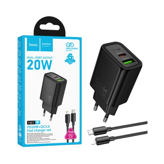Carregador Hoco N61 Gentle 2 Portas USB+Tipo-C PD20W GAN com Cabo Tipo-C para Lightning 1m Preto Carregador Hoco N61 Gentle 2 Portas USB+Tipo-C PD20W GAN com Cabo Tipo-C para Lightning 1m Preto