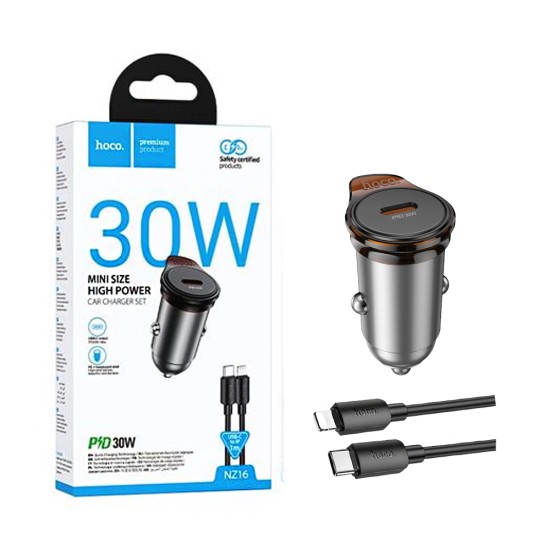 Hoco Car Charger NZ16 Rigorous PD30W with Type-C to Lightning Cable 1M Metal Gray
