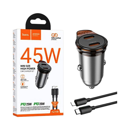 Carregador de Carro Hoco NZ16B Rigorous 2 Portas Tipo-C PD60W com cabo tipo C para Lightning 1m Cinza Metálico