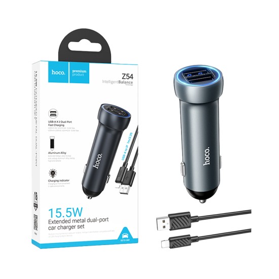 Carregador de Carro Hoco Z54 Prosperous 2 Portas USB 15,5W con cabo Tipo-C 1m Cinza Metalizado
