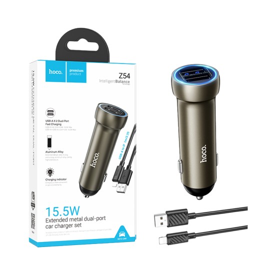 Cargador De Coche Hoco Z54 Prosperous 2 Puertos USB 15,5W con cable Lightning 1m Dorado