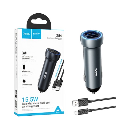 Cargador De Coche Hoco Z54 Prosperous 2 Puertos USB 15,5W con cable Micro 1m Gris Metalizado