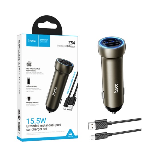 Cargador De Coche Hoco Z54 Prosperous 2 Puertos USB 15,5W con cable Micro 1m Dorado