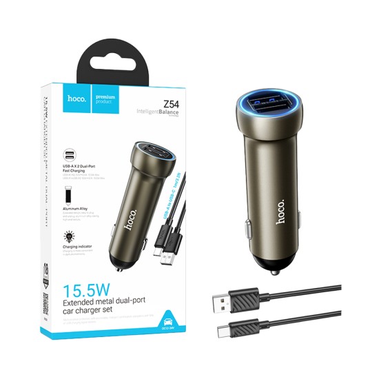Carregador de Carro Hoco Z54 Prosperous 2 Portas USB 15,5W con cabo Tipo-C 1m Dourado