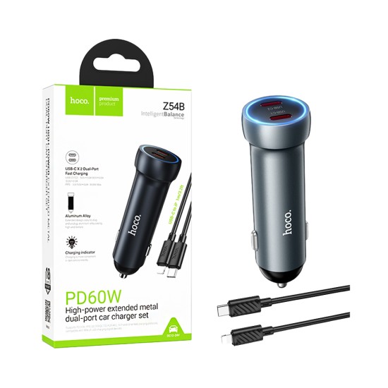 Cargador De Coche Hoco Z54B Prosperous 2 Puertos Tipo-C PD60W con cable tipo C a Lightning 1m Gris Metalizado