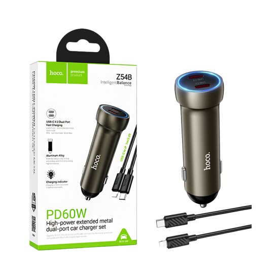Cargador De Coche Hoco Z54B Prosperous 2 Puertos Tipo-C PD60W con cable tipo C a Lightning 1m Dorado