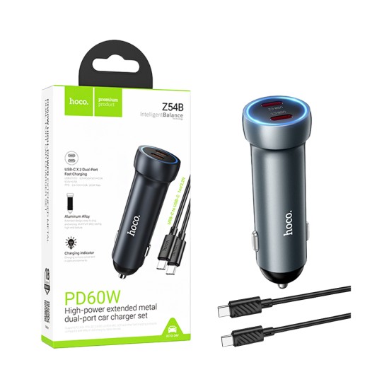 Cargador De Coche Hoco Z54B Prosperous 2 Puertos Tipo-C PD60W con cable tipo C a tipo C 1m Gris Metalizado