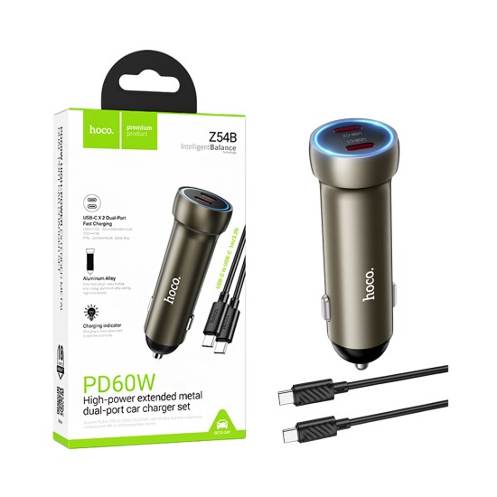 Cargador De Coche Hoco Z54B Prosperous 2 Puertos Tipo-C PD60W con cable tipo C a tipo C 1m Dorado